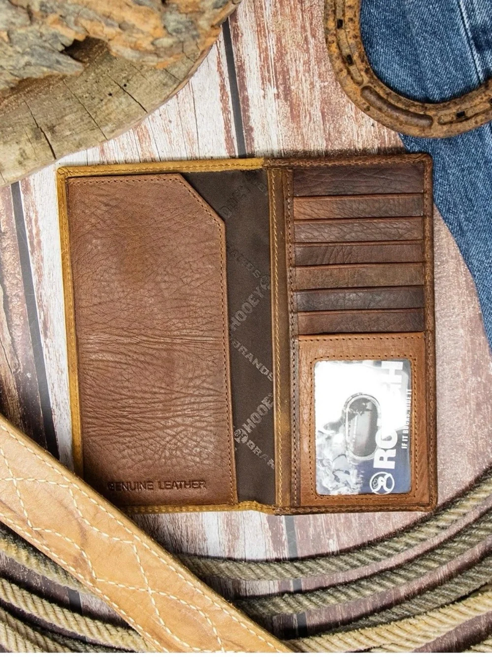 Hooey Brown Leather Checkbook Wallet with Embossed Logo